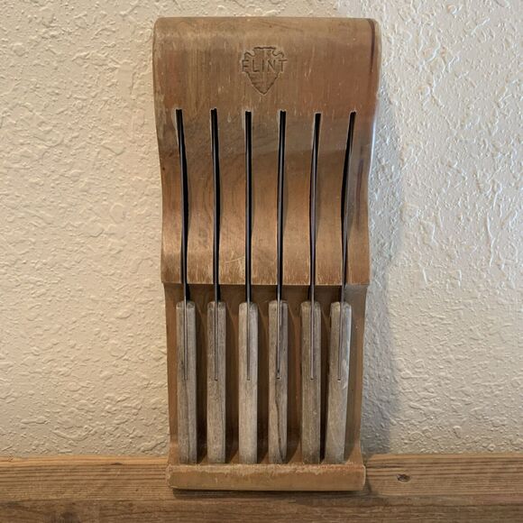 Vintage EKCO Flint Steak Knife Set of 6 Original Wood Holder Made in the USA - Picture 1 of 12